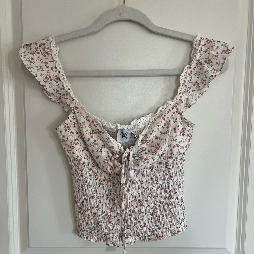 Princess Polly Pink and White Ruffled Cap Sleeve Blouse